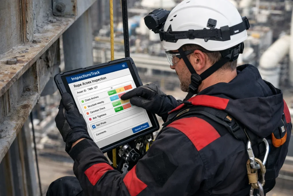 image shows person doing rope access inspections using inspections track software
