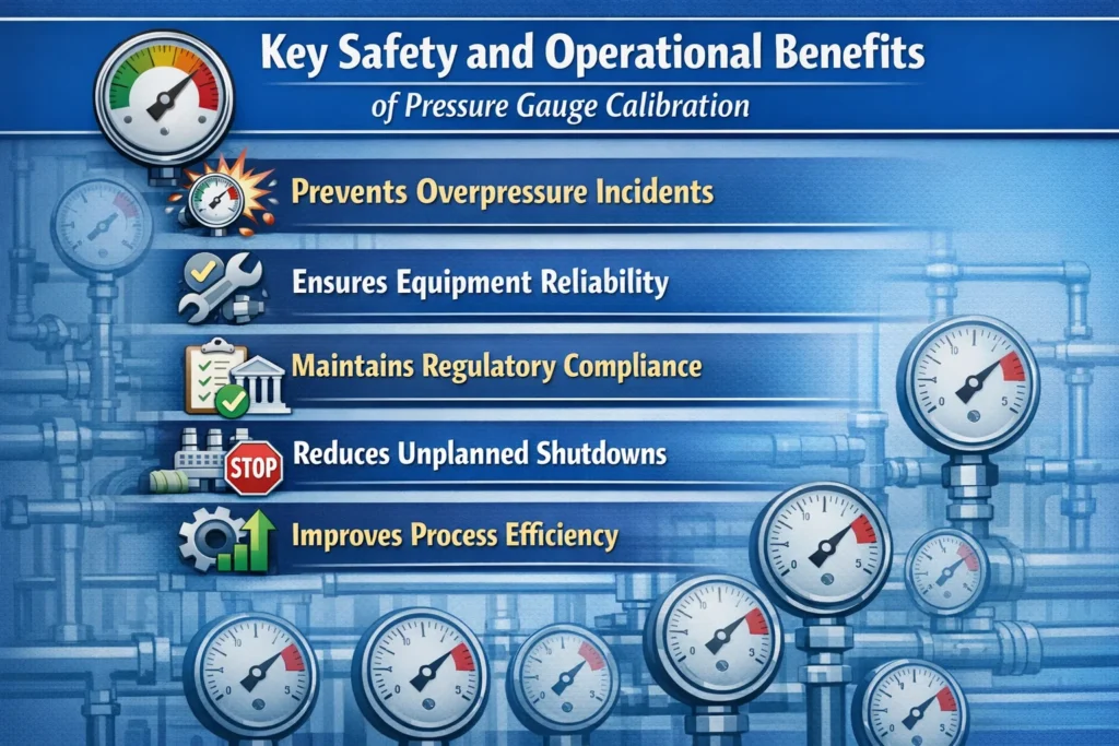 visual representation of Key Safety and Operational Benefits for pressure gauge calibration