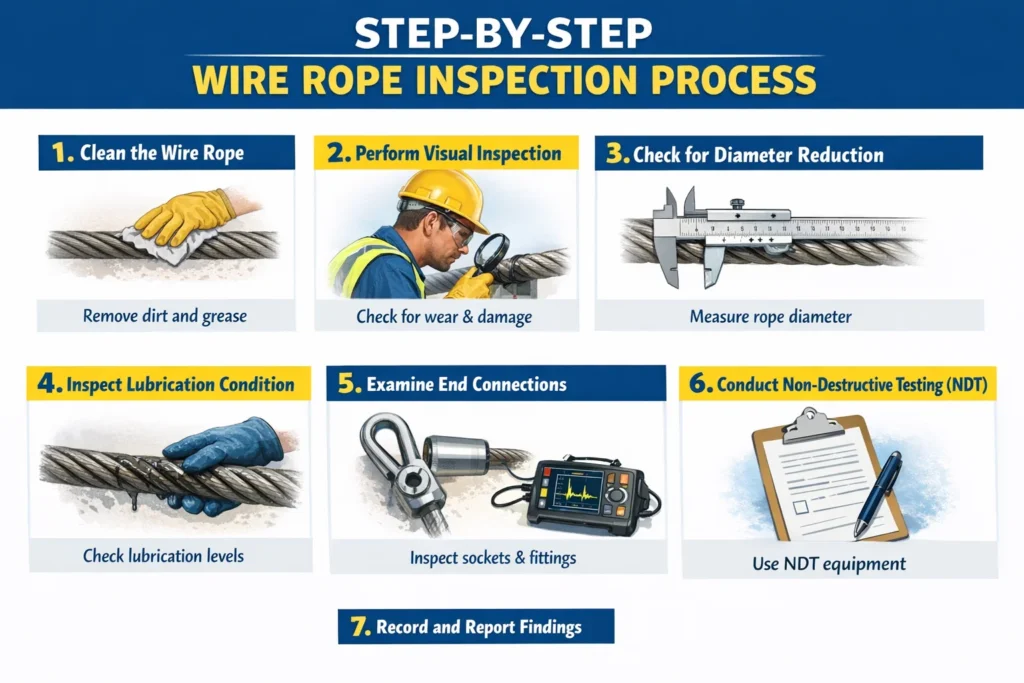 visual representation of Step-by-Step Wire Rope Inspection Process