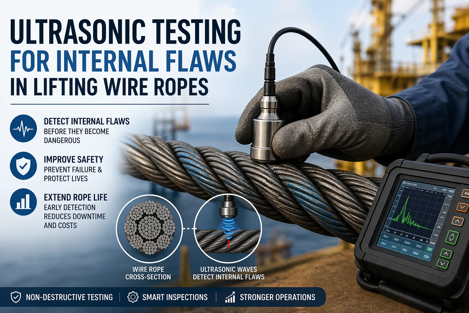 Ultrasonic Testing for Internal Flaws in Lifting Wire Ropes