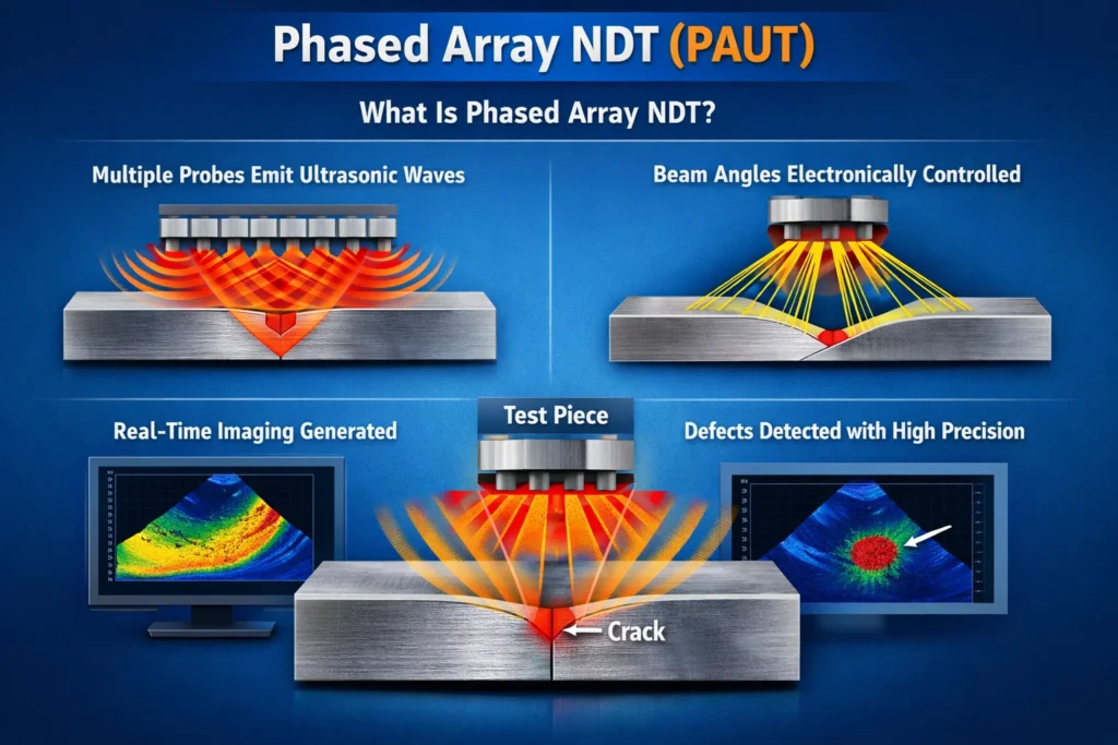 What Is Phased Array NDT (PAUT)?   Multiple probes emit ultrasonic waves

Beam angles are electronically controlled

Real-time imaging is generated

Defects are detected with high precision 